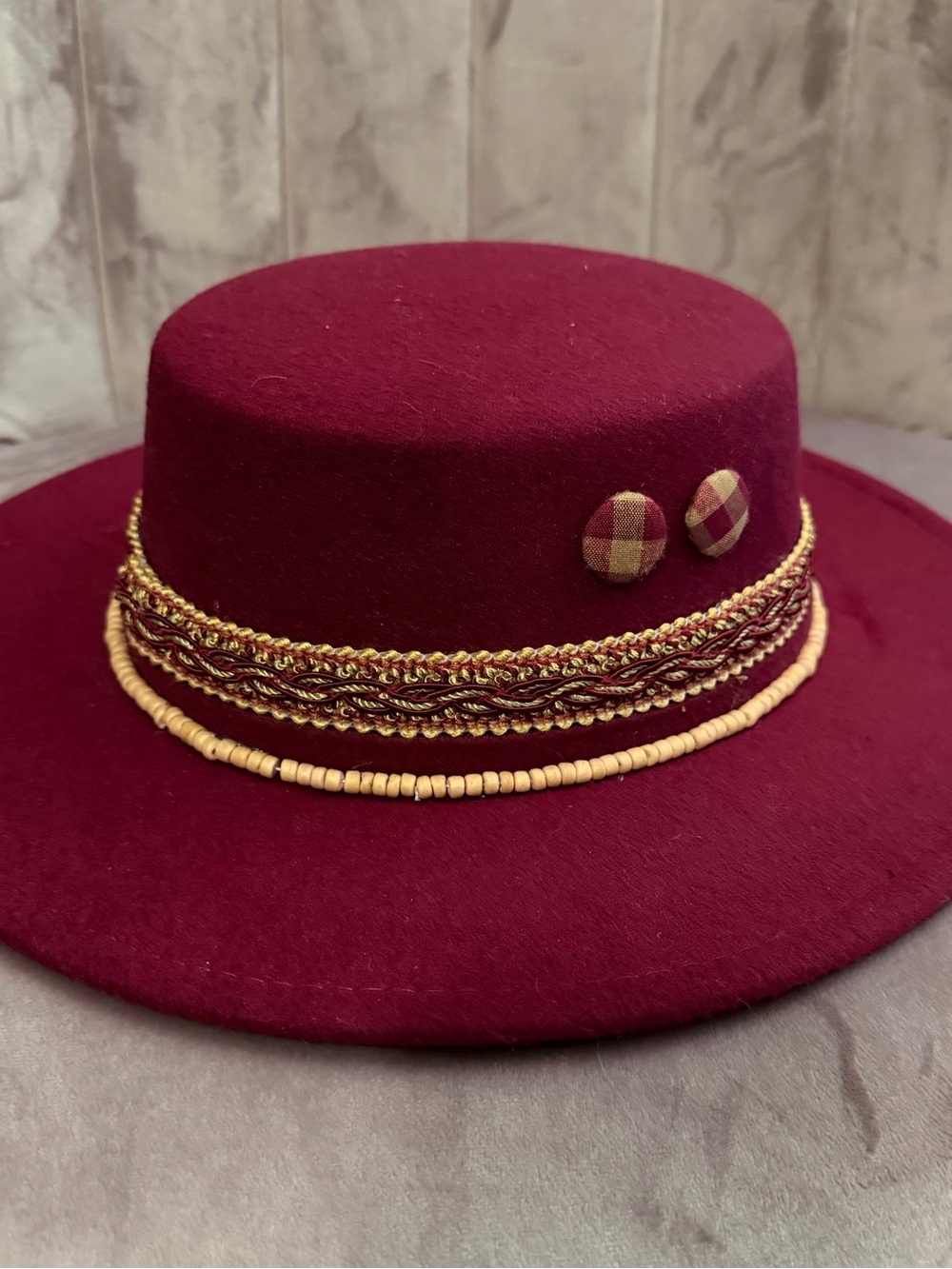 Womens Burgundy Wool Felt Hat with Gold-Beaded Trim